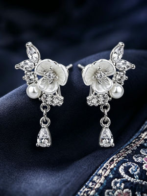 LUNE-Rose & Pearl Drop Stud Earrings