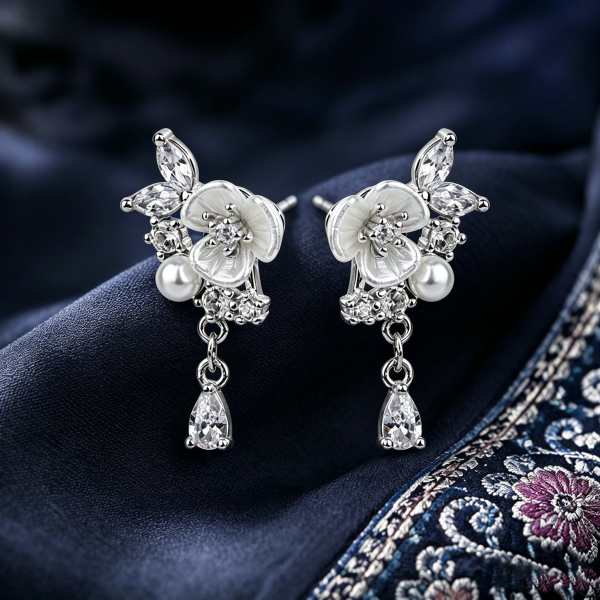 LUNE-Rose & Pearl Drop Stud Earrings