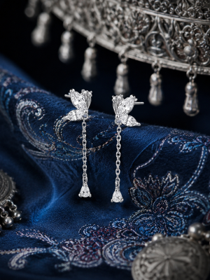 LUNE-Butterfly Rhinestone Tassel Stud Earrings